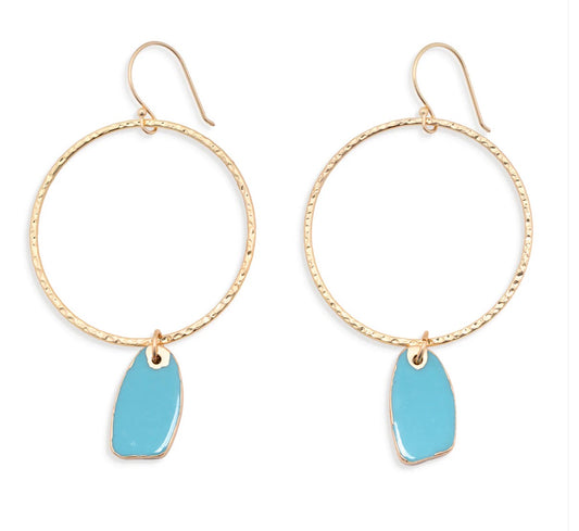 Leslie Curtis Megan Hammered Gold Hoop with Aqua Stone Drop