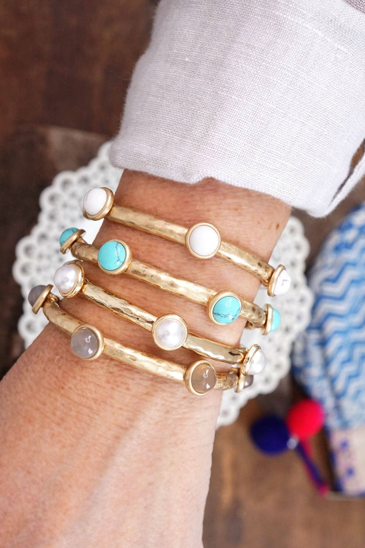 Jeweled Golden Bangle with semi precious stone dots: White