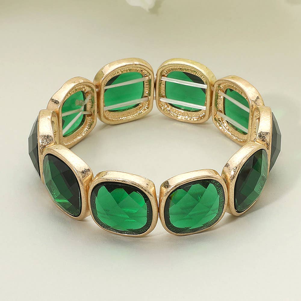 Round Square Glass Stone Frame Beaded Stretch Bracelet: Green,Light,Worn Gold