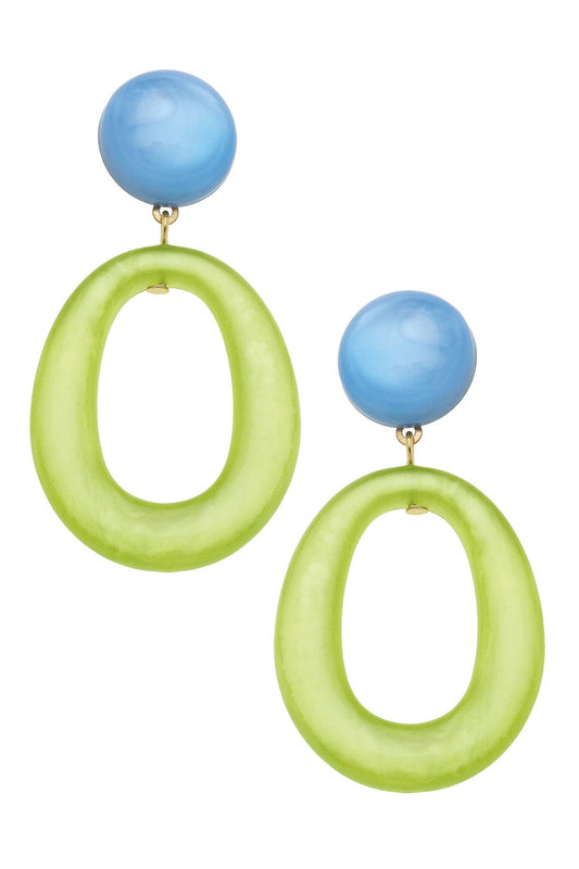 Ansley Marbled Resin Shape Earrings: Light Blue & Lime Green