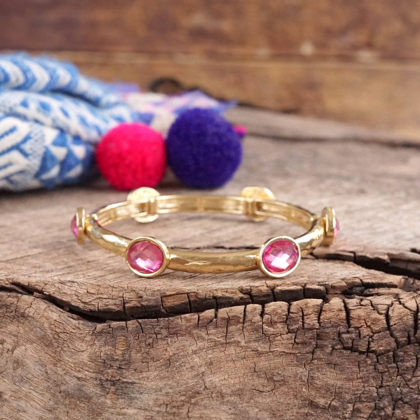 Jeweled Golden Bangle - with Faceted glass oval colorful jewels: Clear - Silver tone bangle