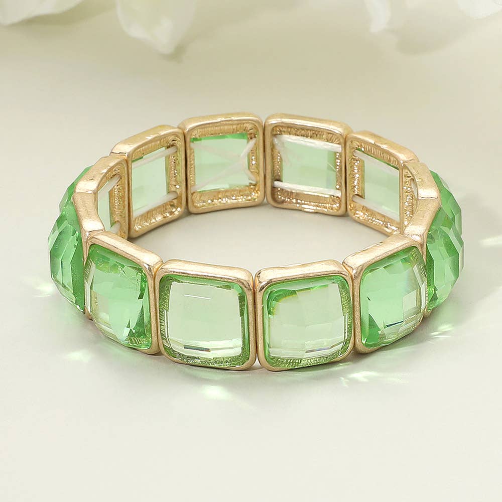 Square Faceted Glass Stone Frame Beaded Stretch Bracelet: Purple ,Worn Gold