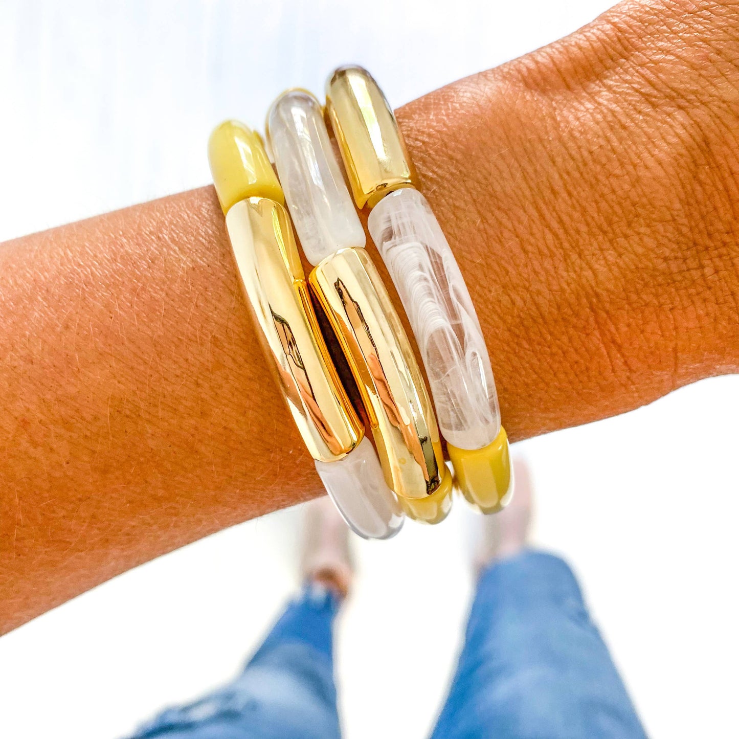 Yellow Tube Bamboo Bracelet: Yellow-Gold-Clear Marble