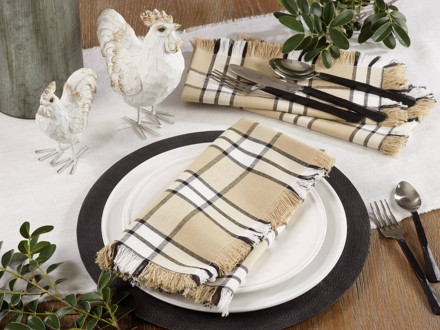 Plaid Napkin - Fringe Detail: Khaki / 20"