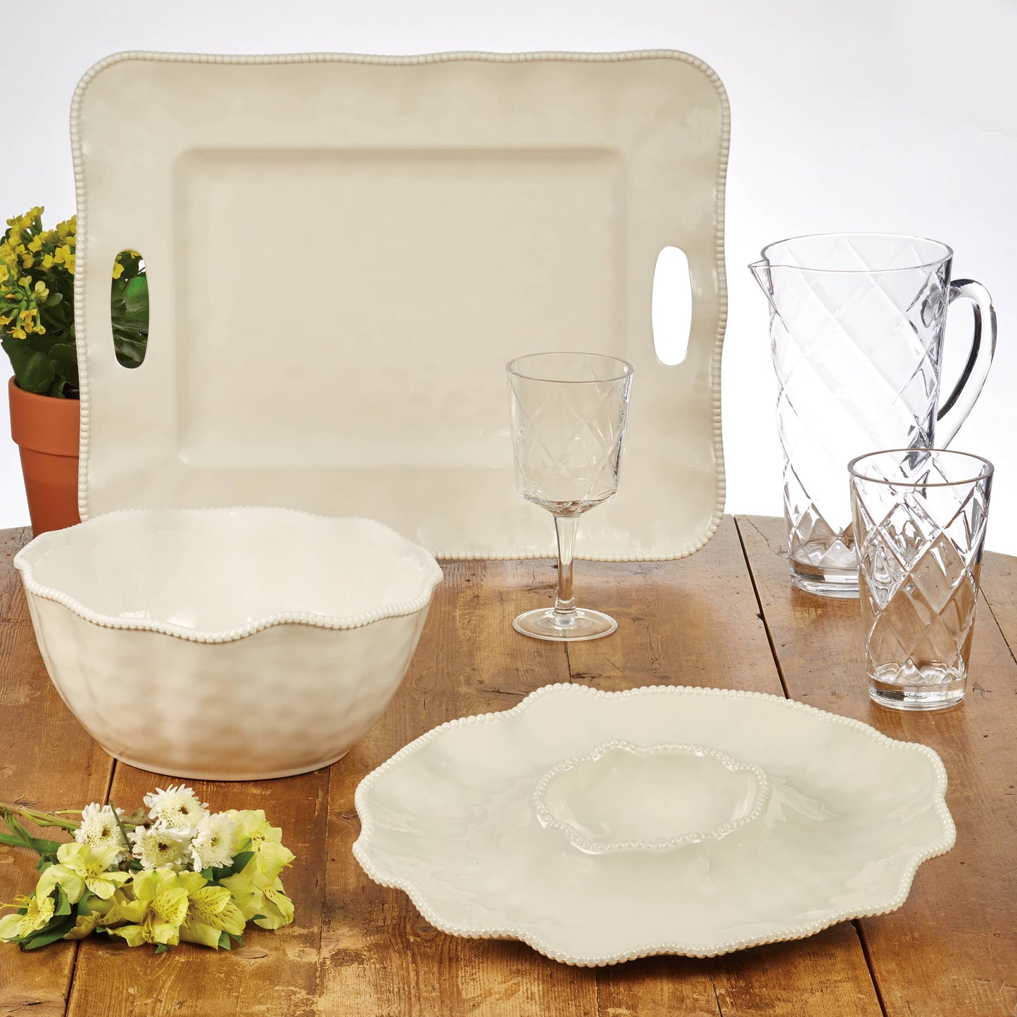 Perlette Cream Melamine Rectangle Tray with Handles