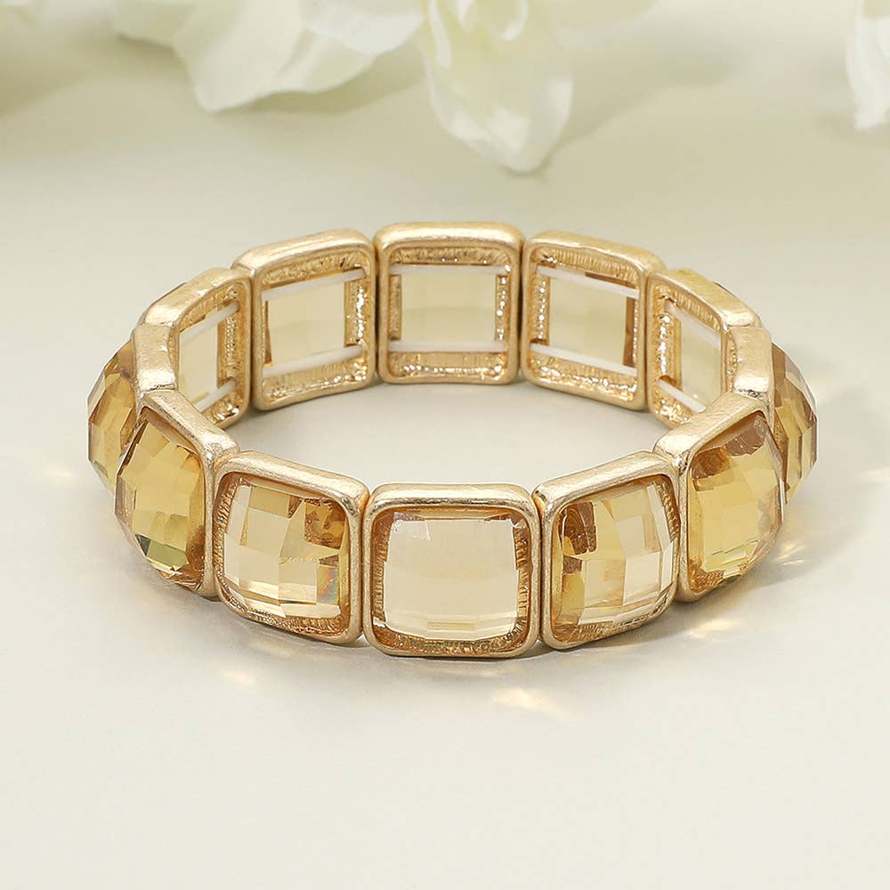 Square Faceted Glass Stone Frame Beaded Stretch Bracelet: Purple ,Worn Gold