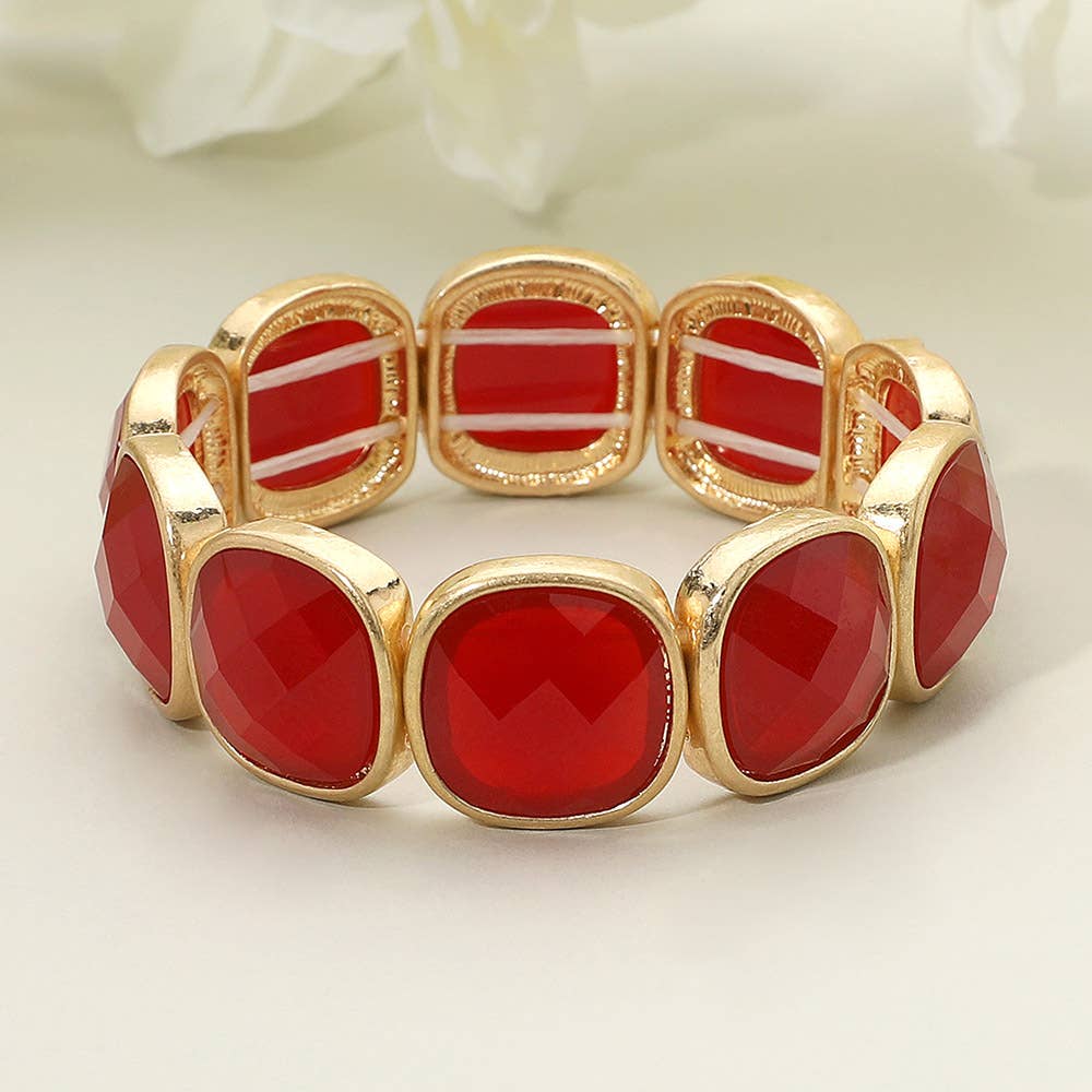Round Square Glass Stone Frame Beaded Stretch Bracelet: Green,Light,Worn Gold
