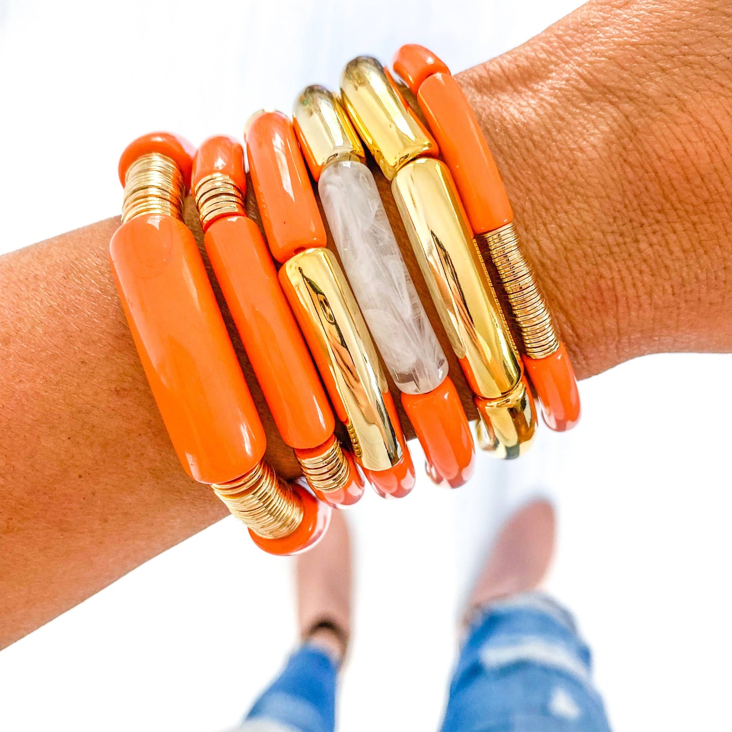 Orange Acrylic Tube Bamboo Bracelet: Orange/Gold Discs
