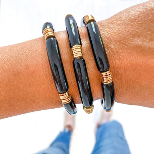 Black Acrylic Tube Bamboo Bracelet: Black-Gold Discs