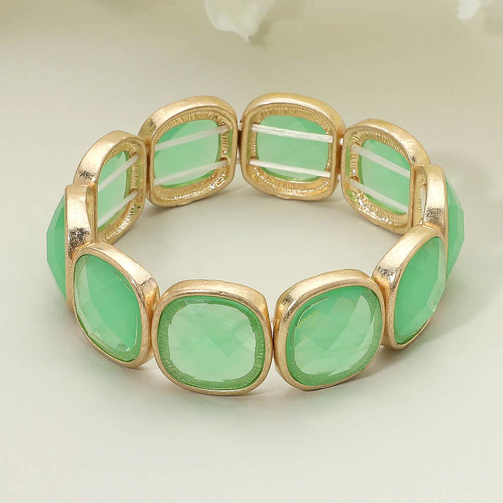 Round Square Glass Stone Frame Beaded Stretch Bracelet: Green,Light,Worn Gold