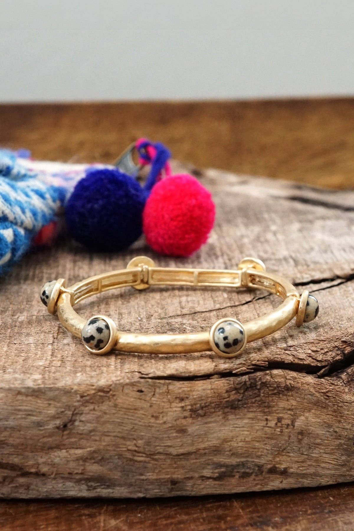 Jeweled Golden Bangle with semi precious stone dots: Worn Gold - Pearl