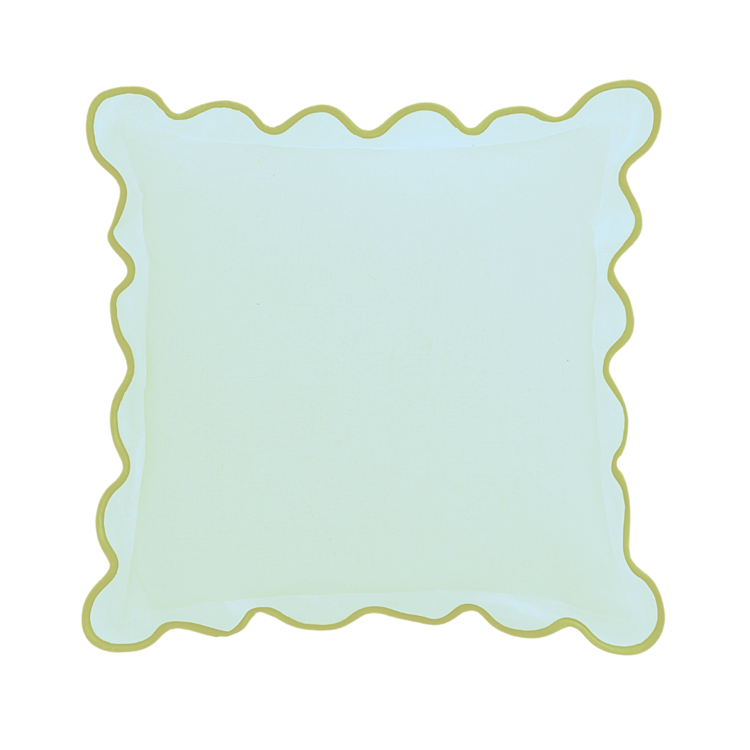 Charlotte Scalloped Linen Pillows Blue with Green Trim, SumnerEdit: 18" x 18" Throw Pillow