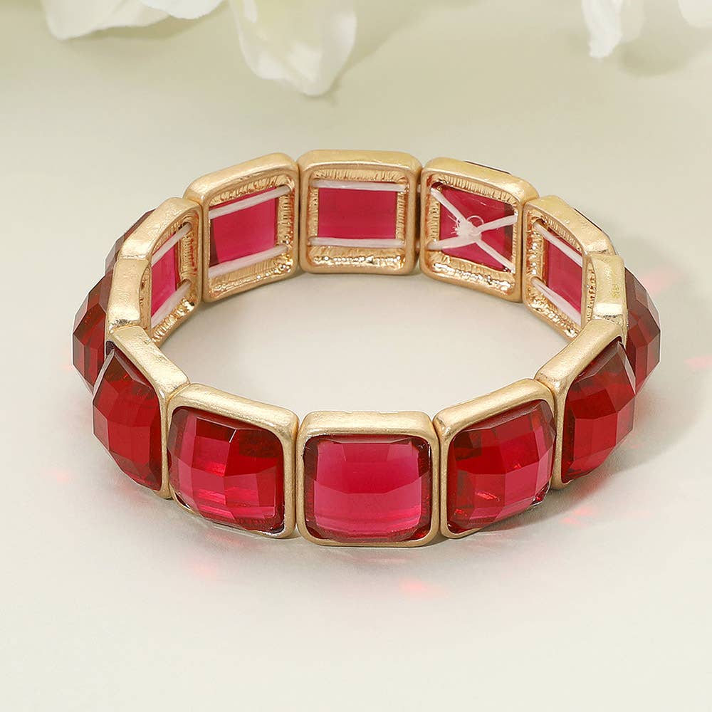 Square Faceted Glass Stone Frame Beaded Stretch Bracelet: Purple ,Worn Gold