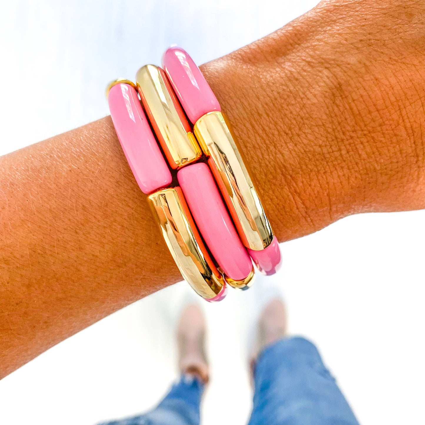 Light Pink Acrylic Tube Bamboo Bracelet: Pink & Gold Discs