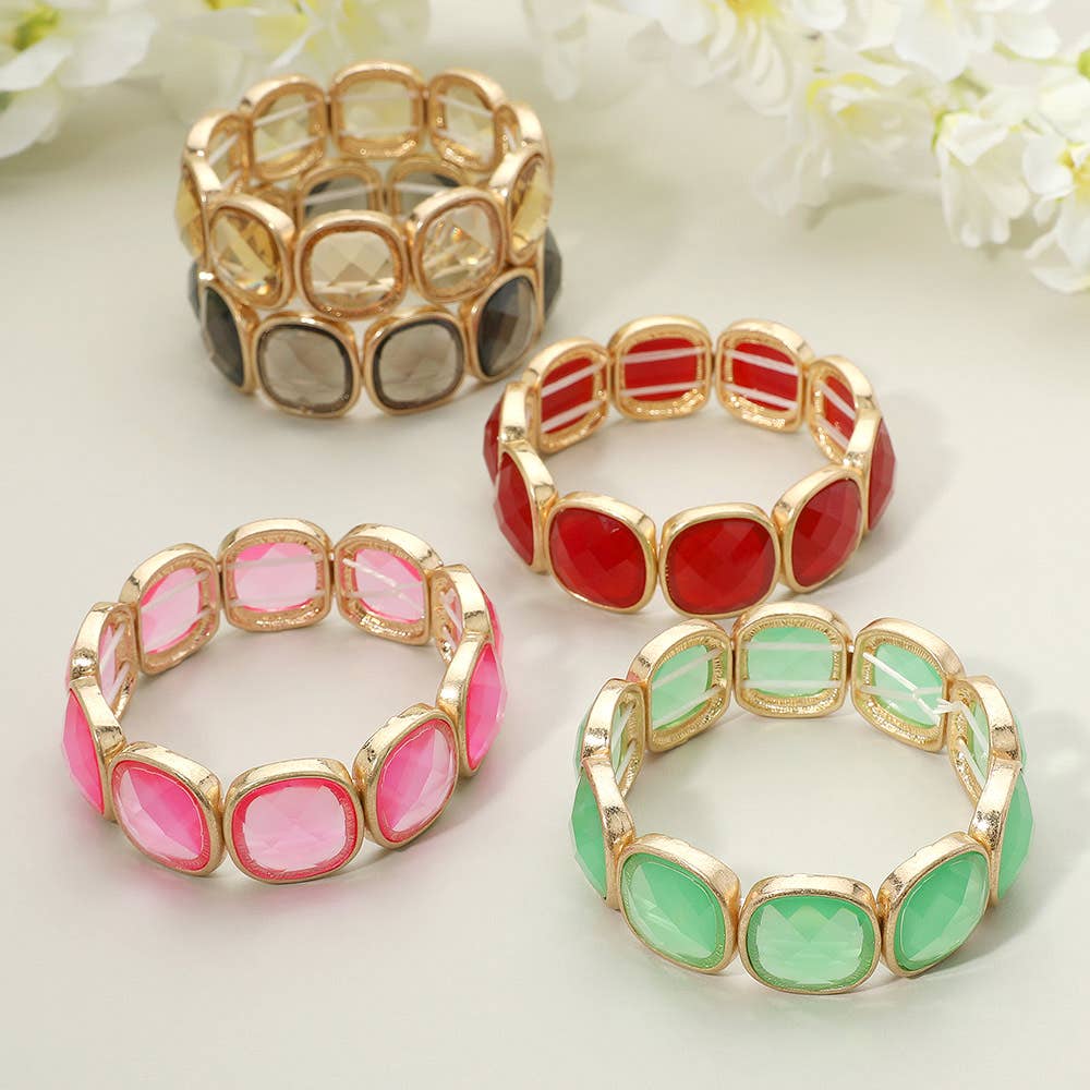 Round Square Glass Stone Frame Beaded Stretch Bracelet: Black Diamond,Worn Gold