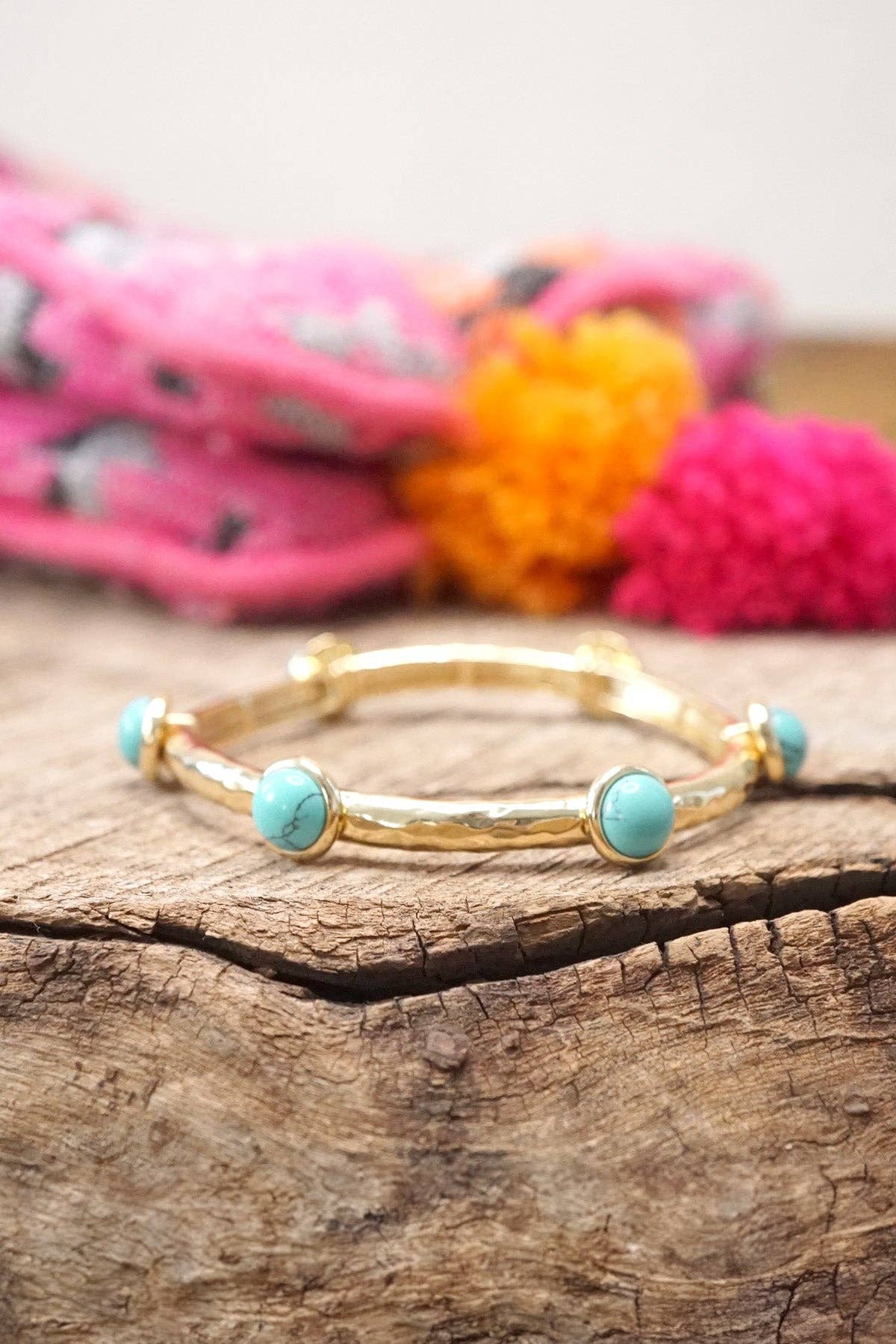 Jeweled Golden Bangle with semi precious stone dots: Worn Gold - Pearl