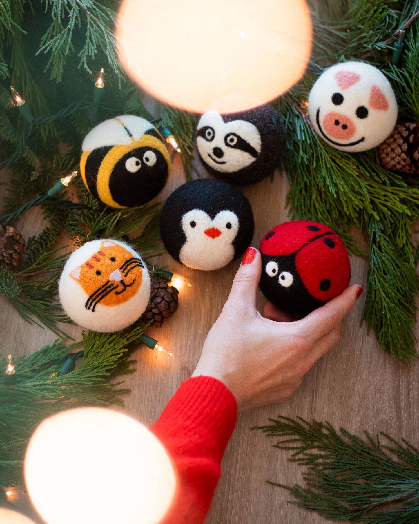 Critter Camp Eco Wool Dryer Balls set of 6-bee, pig, cat, sloth,penguin,and ladybug With Bag