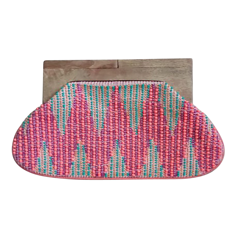 Pink Zig Beaded Women's Clutch Bag with Wooden Handle