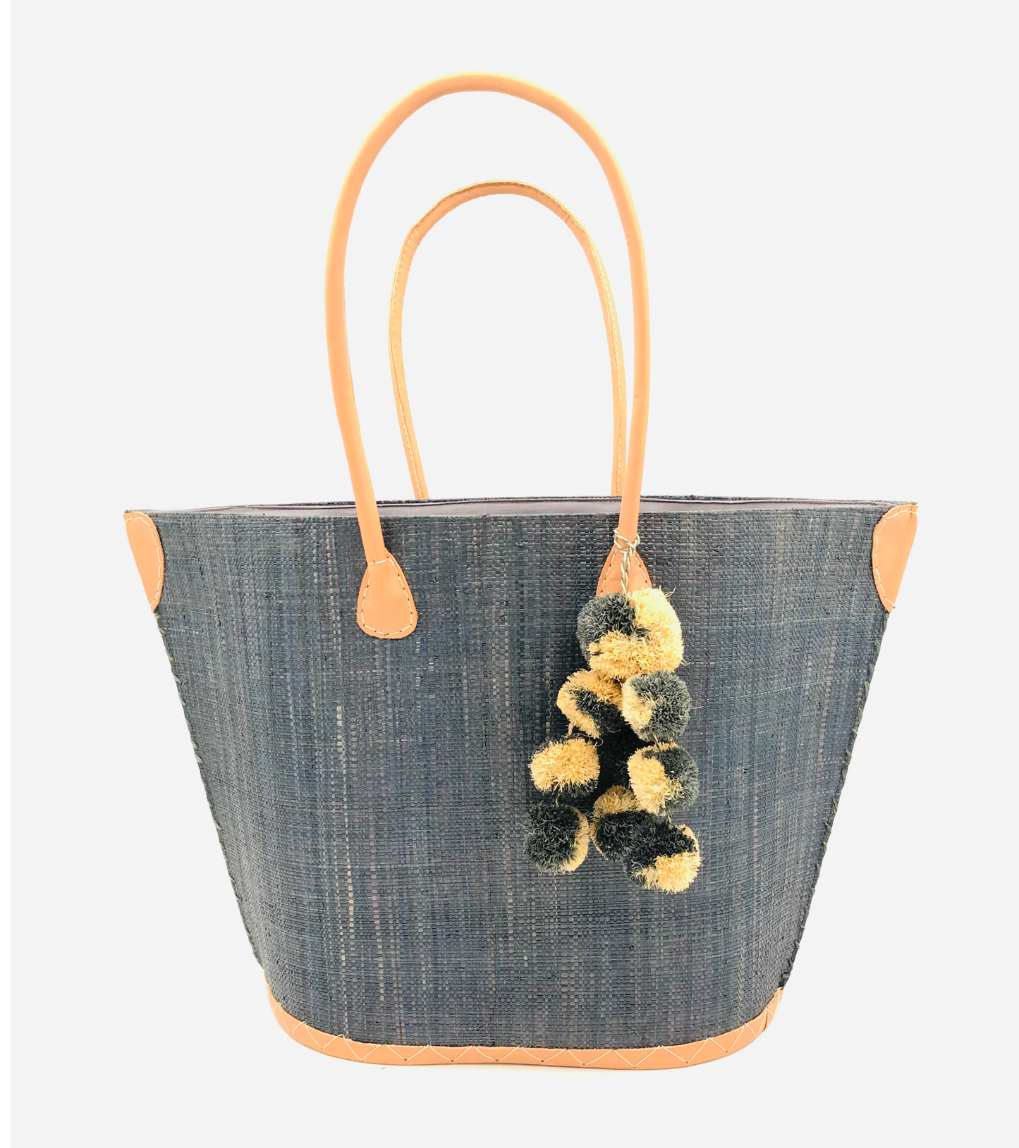 Melanga Straw Tote Bag with Waterfall Pompoms: Pompoms / Grey