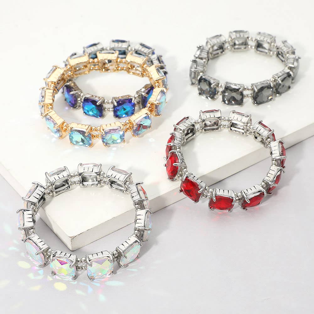 Cushion Square Stone Stretch Evening Bracelet: Opal Pink