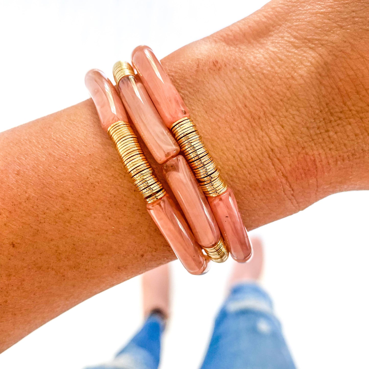 Small Neutral Acrylic Tube Bamboo Bracelet: Peach-Gold Disc / Small