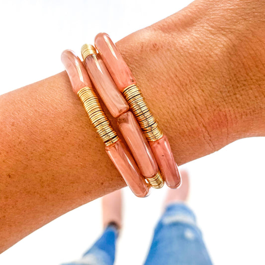 Small Neutral Acrylic Tube Bamboo Bracelet: Peach-Gold Disc / Small