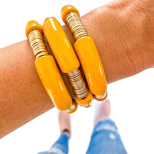 Mustard Acrylic Tube Bamboo Bracelet: Large-Mustard-Gold Discs