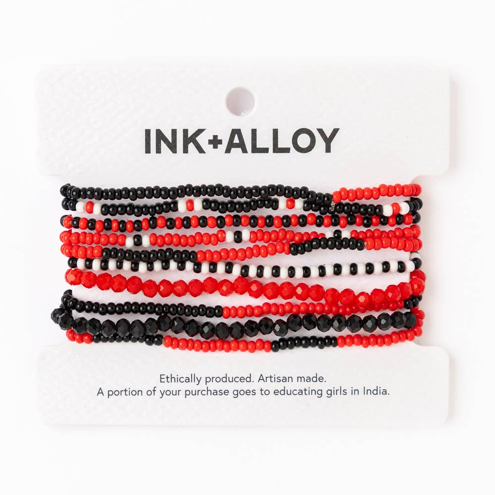 Ink +Alloy Game Day Beaded 10 Strand Stretch Bracelet Set Red + Black