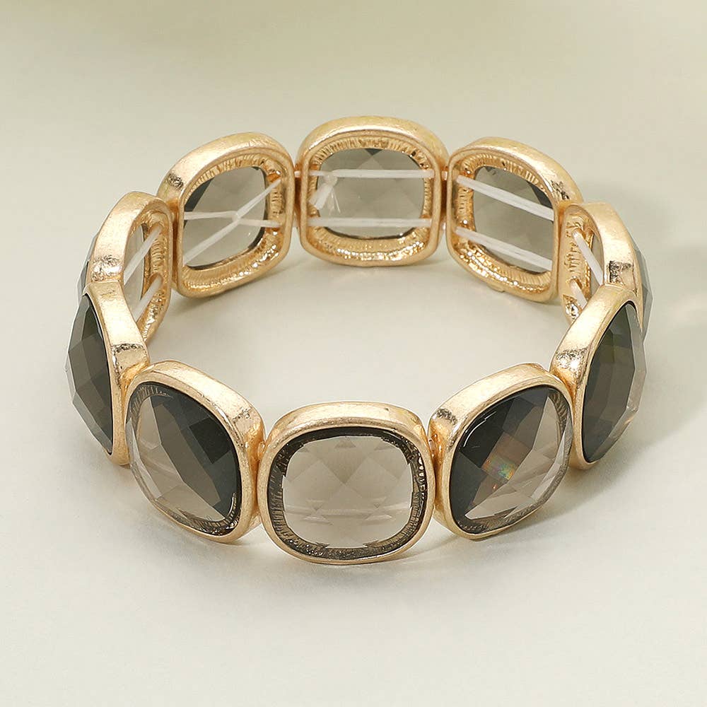 Round Square Glass Stone Frame Beaded Stretch Bracelet: Green,Light,Worn Gold