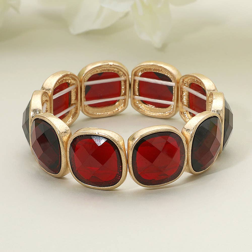 Round Square Glass Stone Frame Beaded Stretch Bracelet: Black Diamond,Worn Gold