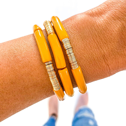 Mustard Acrylic Tube Bamboo Bracelet: Small-Mustard-Gold Discs