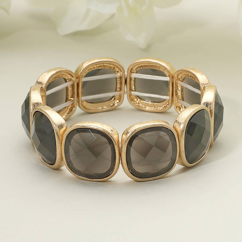 Round Square Glass Stone Frame Beaded Stretch Bracelet: Green,Light,Worn Gold