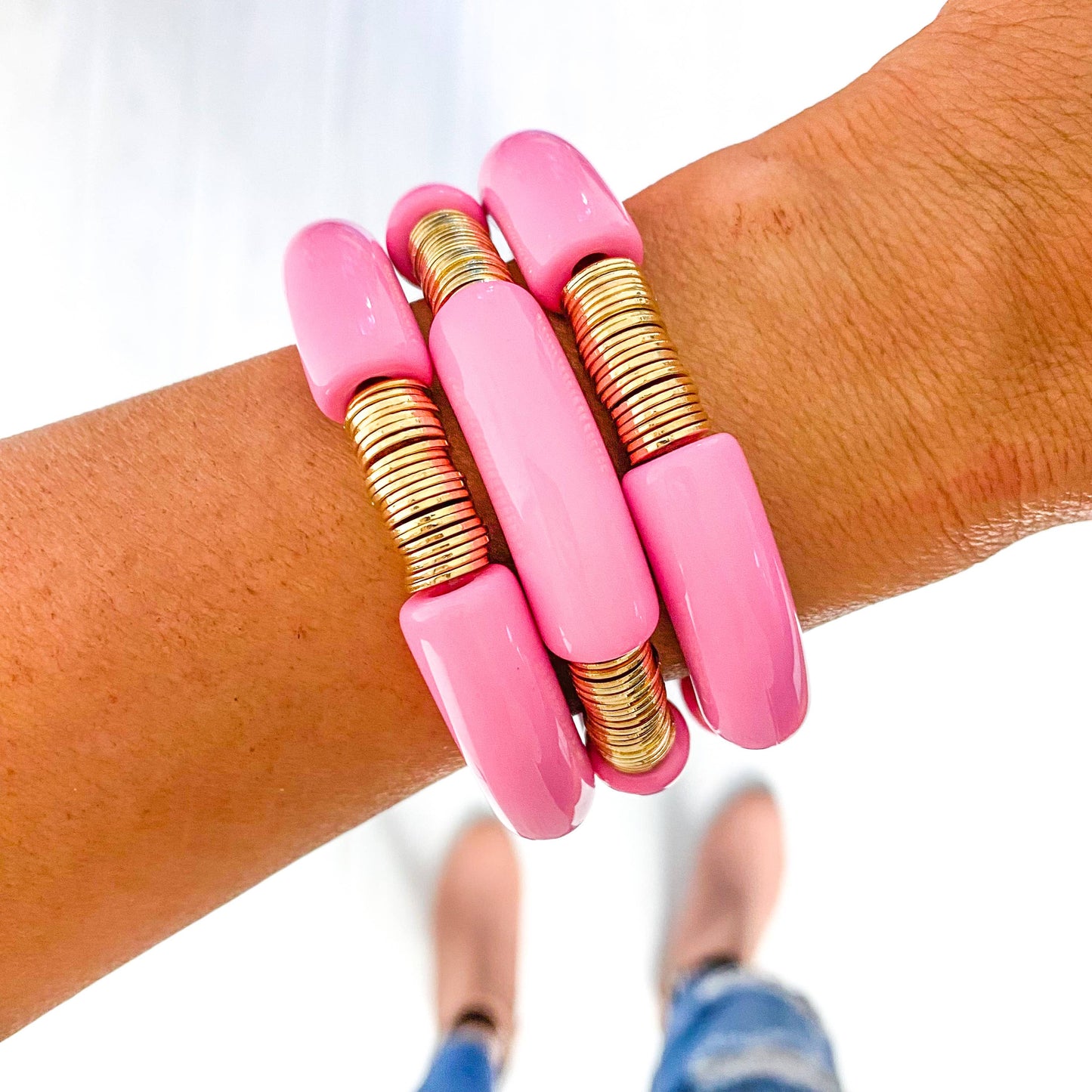 Light Pink Acrylic Tube Bamboo Bracelet: Pink & Gold Discs