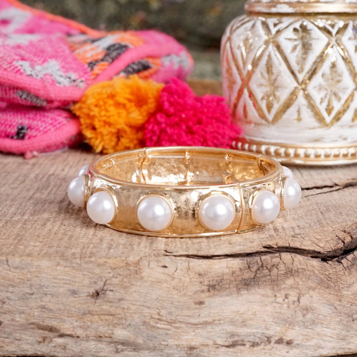 Eternity Statement Bangle Gold Tone Red Blue Brown Green Black Pearl: Black