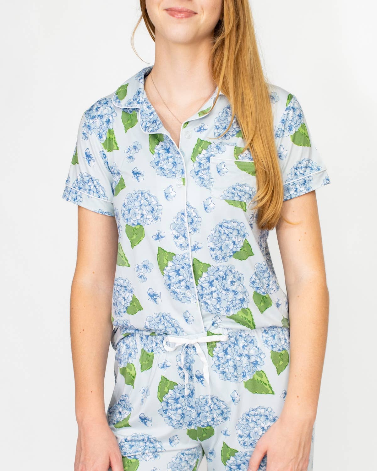 Hydrangea Short Sleeve Button Up Sleep Shirt   Illusion/Blue/Green  Large
