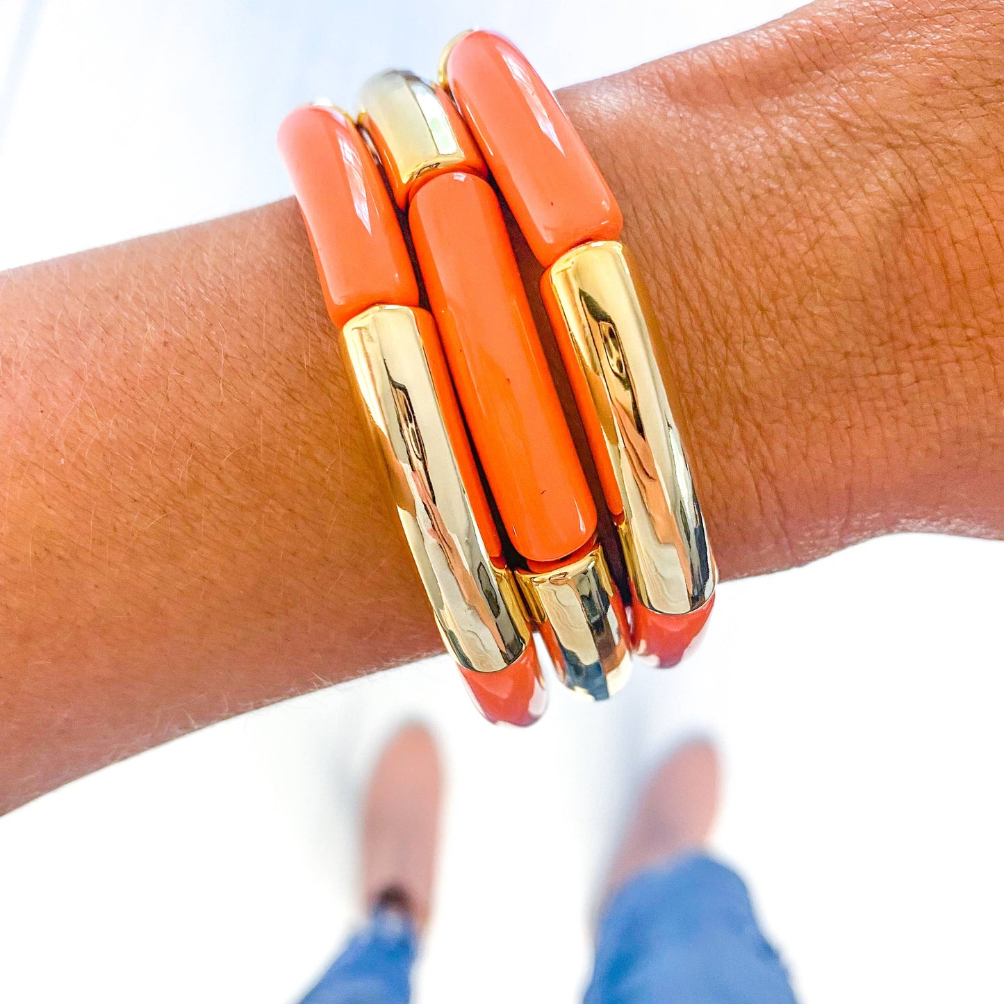 Orange Acrylic Tube Bamboo Bracelet: Orange/Gold Tube
