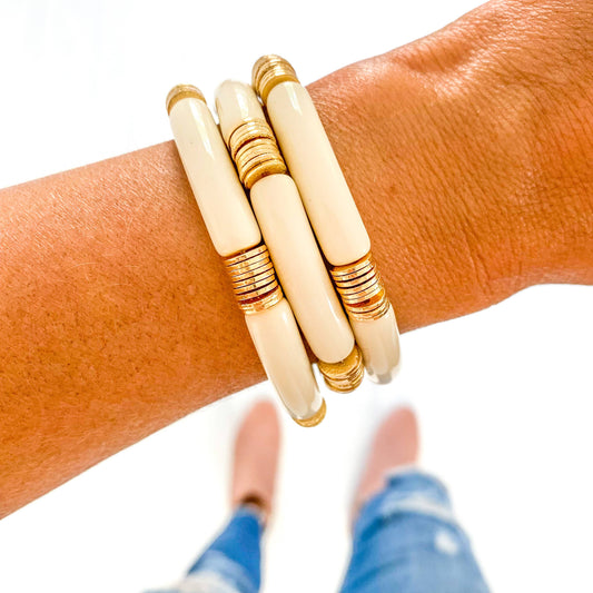 Ivory Acrylic Tube Bamboo Bracelet: Ivory/Gold Discs