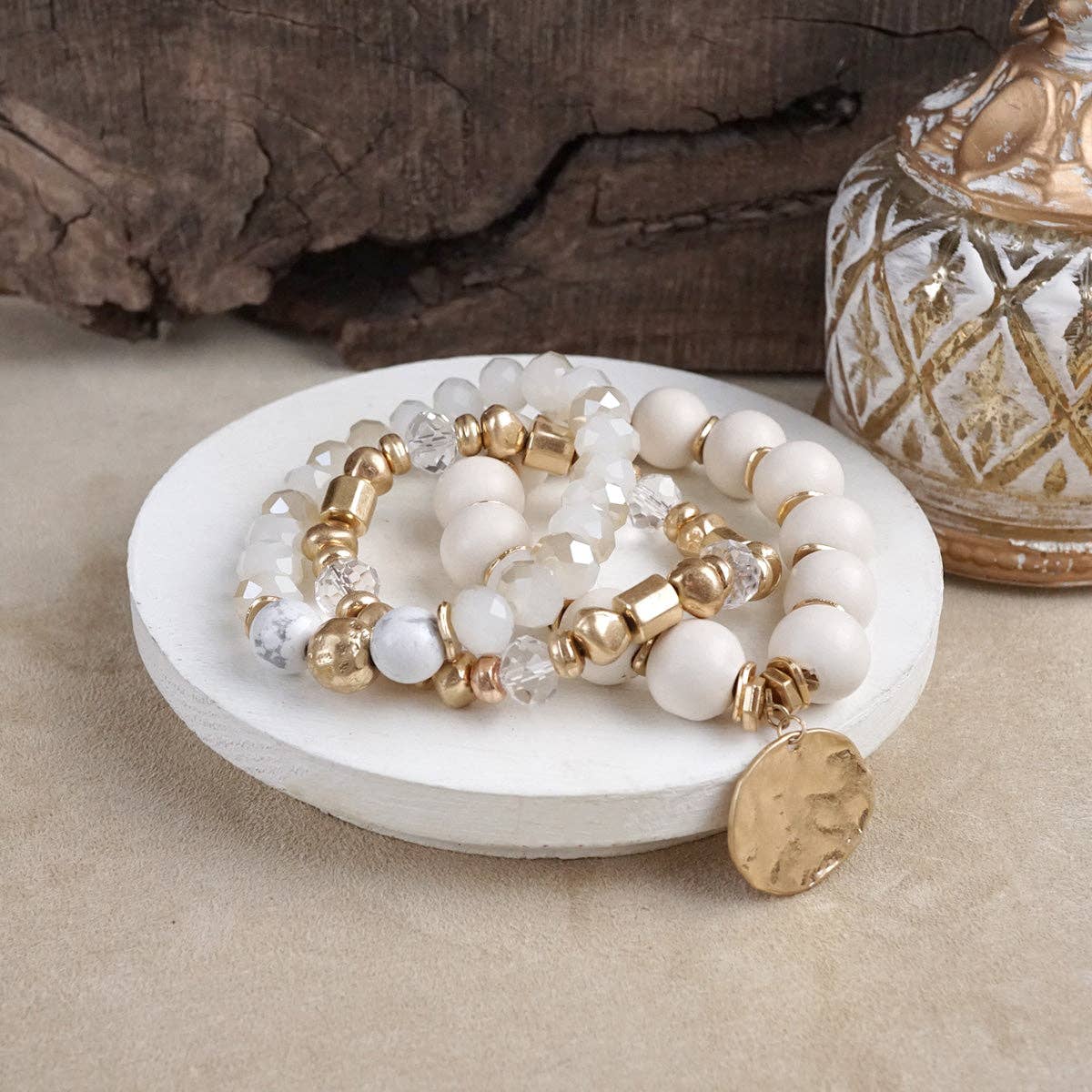Boho Beads Coin Bracelets Statement set in Cream