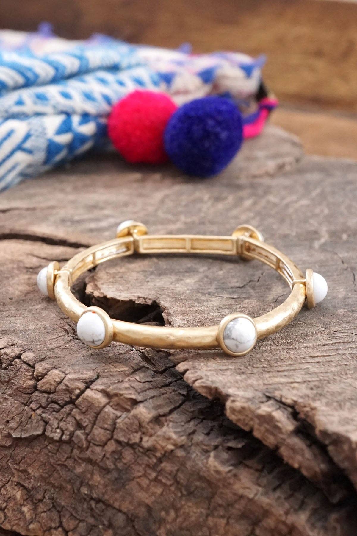 Jeweled Golden Bangle with semi precious stone dots: Worn Gold - Pearl