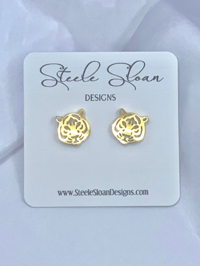 Cute Tiger Earrings, Tiger Football Gift, Silver Stud