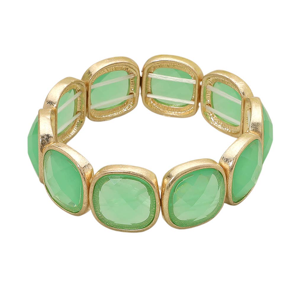 Round Square Glass Stone Frame Beaded Stretch Bracelet: Green,Light,Worn Gold