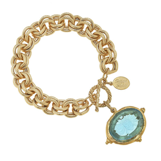Susan Shaw Aqua Venetian Glass Bee Intaglio on Gold Chain Bracelet