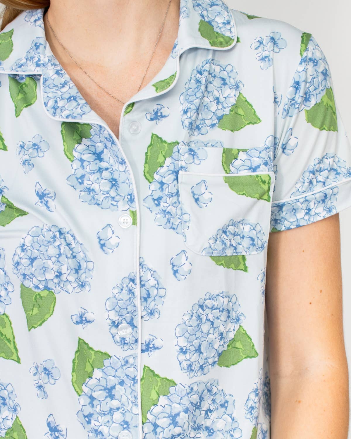 Hydrangea Short Sleeve Button Up Sleep Shirt   Illusion/Blue/Green  Large
